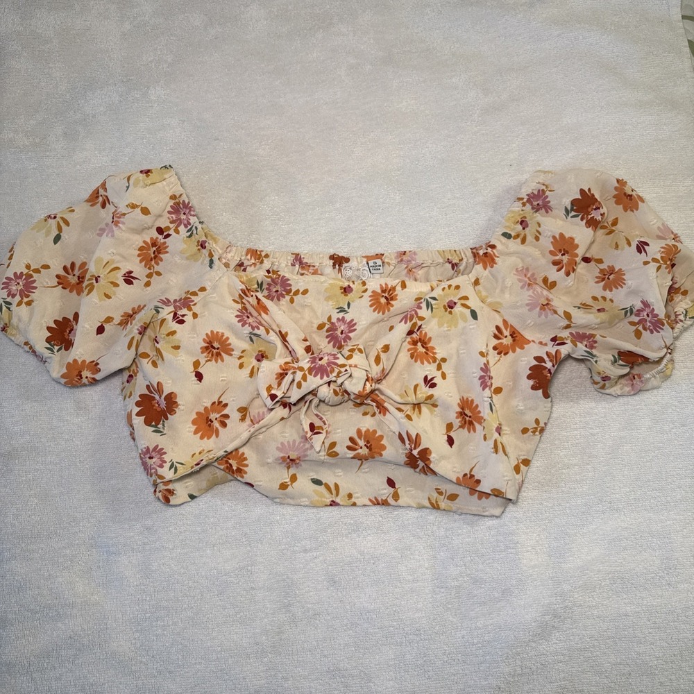 Sadie & Sage Cream Floral Tie Front Crop Top Puff Sleeve Off Shoulder Boho Sz S